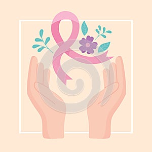 Breast cancer awareness hands pink ribbon flowers decoration vector design