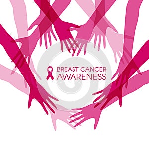 Breast cancer awareness with heart joined women hands and pink ribbon vector illustration
