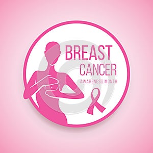 Breast cancer Awareness with human are Self Check For Breast Cancer sign in circle frame vector design