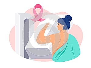 Breast Cancer Awareness illustration of a woman patient getting a breast screening test / mammogram on x-ray machine. Pink breast