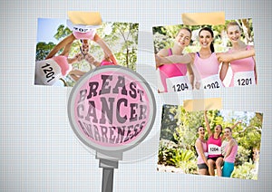 Breast Cancer Awareness magnified text and Breast Cancer Awareness Photo Collage marathon run