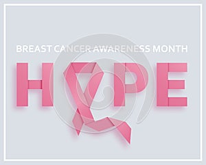 Breast cancer awareness month background with pink ribbon and text hope