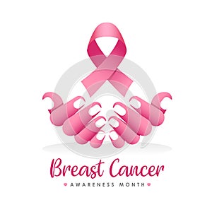 Breast cancer awareness month banner with abstract pink hand holding ping ribbon sign vector design