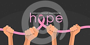 Breast cancer awareness month banner with hands hold pink ribbon and hope text on dark background vector Design