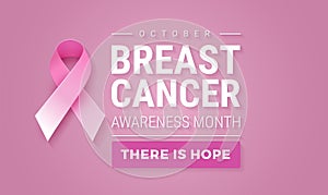 Breast Cancer Awareness Month banner illustration - calm pink color background. Pink ribbon, Breast Cancer Awareness lettering,