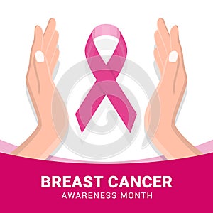 Breast cancer awareness month banner with pink ribbon and hand hold care vector design