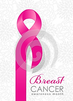 Breast cancer Awareness month banner with pink ribbon sign on abstract flowers background vector design