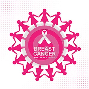 Breast cancer Awareness month banner with ribbon sign in pink woman hold hand around circle sign abstract circle frame vector desi