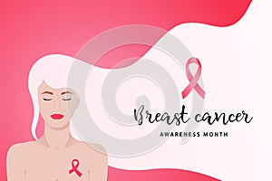 Breast cancer awareness month banner with young woman and pink ribbon.