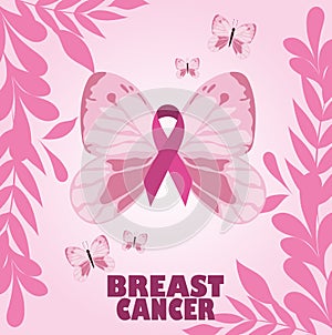 Breast cancer awareness month butterflies leaves ribbon pink vector