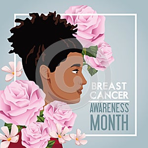 Breast cancer awareness month campaign poster with afro woman and roses