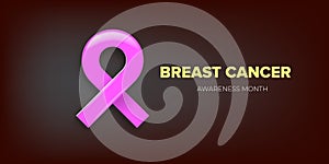 Breast cancer awareness month concept horizontal banner design template with pink ribbon and text isolated on grey