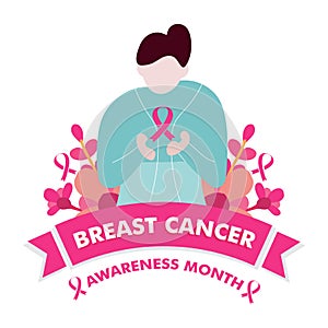 Breast cancer awareness month design. women hold breast cancer pink ribbon illustration