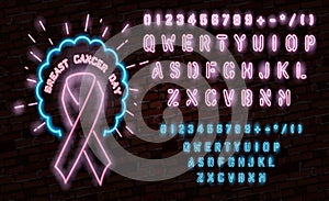 Breast Cancer Awareness Month Emblem, Pink Ribbon Symbol. Neon Lamp Glow Stylization on Black Brick Wall. Template for Banner, Pos