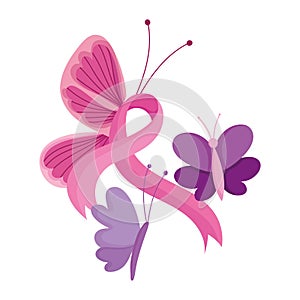 Breast cancer awareness month flying butterflies ribbon cartoon vector