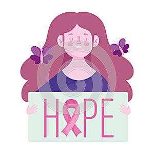 Breast cancer awareness month, happy woman butterlfies and hope phrase, vector