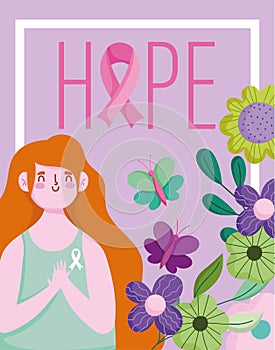 Breast cancer awareness month hope phrase flowers butterflies design
