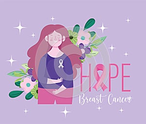 Breast cancer awareness month hope woman flowers foliage design