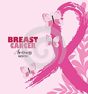 Breast cancer awareness month huge ribbon pink butterflies leaves poster