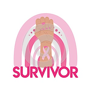 Breast Cancer Awareness Month illustration. Pink cancer ribbon on raised fist and rainbow. Cancer survivor phrase. Cancer