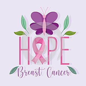 Breast cancer awareness month lettering hope ribbon butterfly design