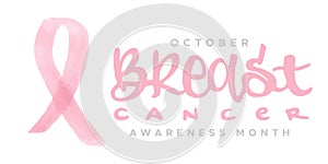Breast cancer awareness month lettering with pink ribbon. Hand drawn text. Vector illustration, flat design