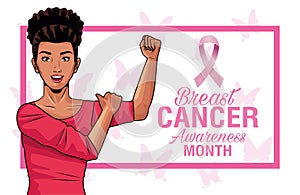 Breast cancer awareness month lettering with strong afro woman and ribbon