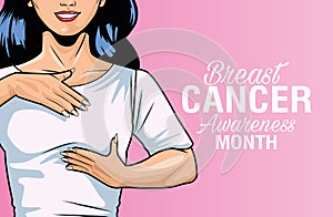 Breast cancer awareness month lettering with woman self exam