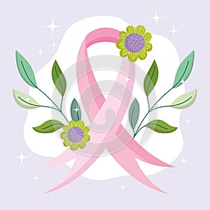 Breast cancer awareness month motivation ribbon flowers leaves design