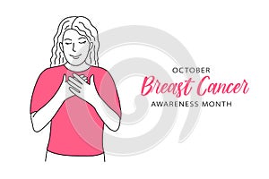 Breast Cancer Awareness Month October banner Happy confident woman with hands on chest, closed eyes, grateful gesture