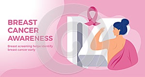 Breast Cancer Awareness month pink banner template - a woman at hospital breast cancer screening with a breast cancer pink ribbon