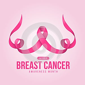 Breast cancer awareness month - Pink ribbon awareness sign with rolling and waving to breast shape on soft pink background vector