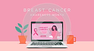 Breast cancer awareness month with pink ribbon, beautiful woman on website on laptop