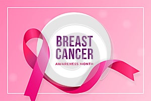 Breast cancer awareness month poster background concept design. Realistic pink bow ribbon with circle badge vector illustration