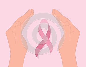 Breast cancer awareness month poster. A hand holds a pink ribbon. Flat vector illustration