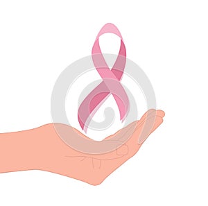 Breast cancer awareness month poster. A hand holds a pink ribbon. Flat vector illustration