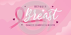 Breast cancer awareness month poster. Pink ribbon banner for feminine community