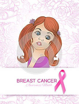 Breast cancer awareness month poster with pink ribbon and women portrait.