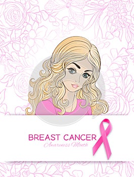 Breast cancer awareness month poster with pink ribbon and women portrait.