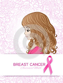 Breast cancer awareness month poster with pink ribbon and women portrait.