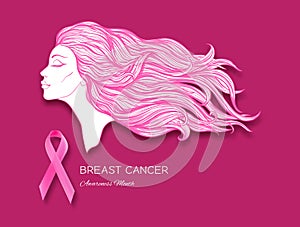 Breast cancer awareness month poster with pink ribbon and women portrait.