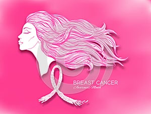 Breast cancer awareness month poster with pink ribbon and women portrait.