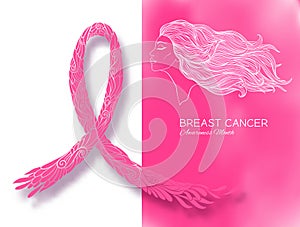 Breast cancer awareness month poster with pink ribbon and women portrait.