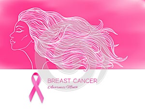 Breast cancer awareness month poster with pink ribbon and women portrait.