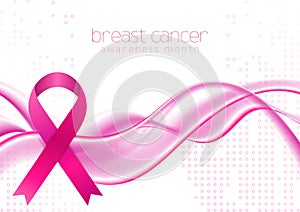 Breast cancer awareness month. Smooth abstract waves and pink ribbon tape design