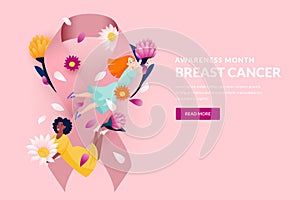 Breast Cancer Awareness month, support concept. Vector illustration. Pink ribbon and flying women with flowers