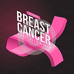 Breast cancer awareness month - Text on 3D pink ribbon awareness sign and dark cross grid line texture background vector design