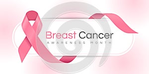 Breast cancer awareness month text on banner with pink ribbon sign waving around on soft pink background vector Design