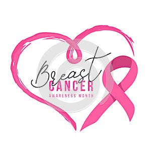 Breast cancer awareness month - text in line paintbrush to heart shape and pink ribbon awareness sign vector design