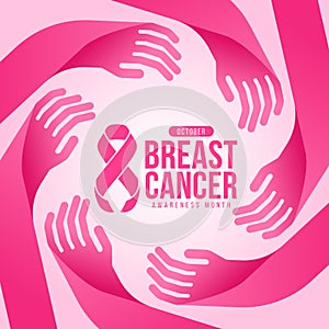 Breast cancer awareness month - text and pink ribbon awareness sign in abstract hands hope and care circle around vector design